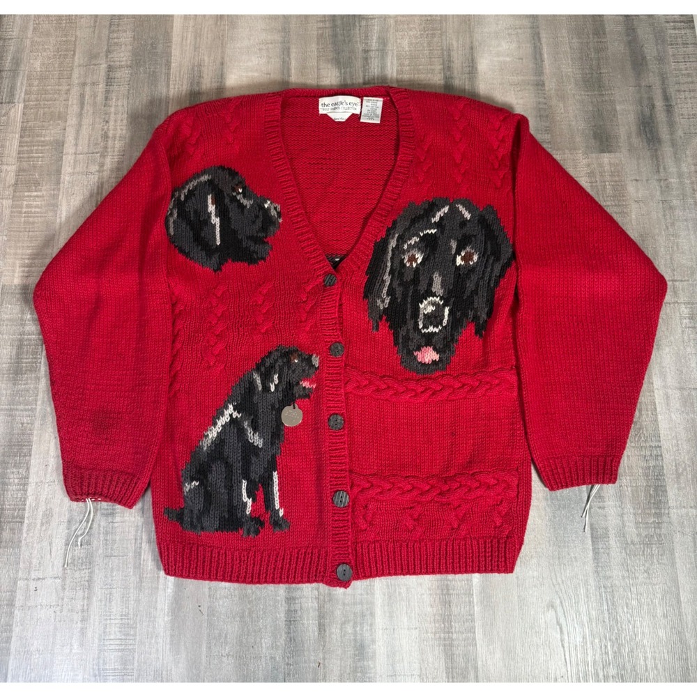 Vintage Hand Knit Chunky Black Lab Dog Red Cable Cardigan Sweater Large